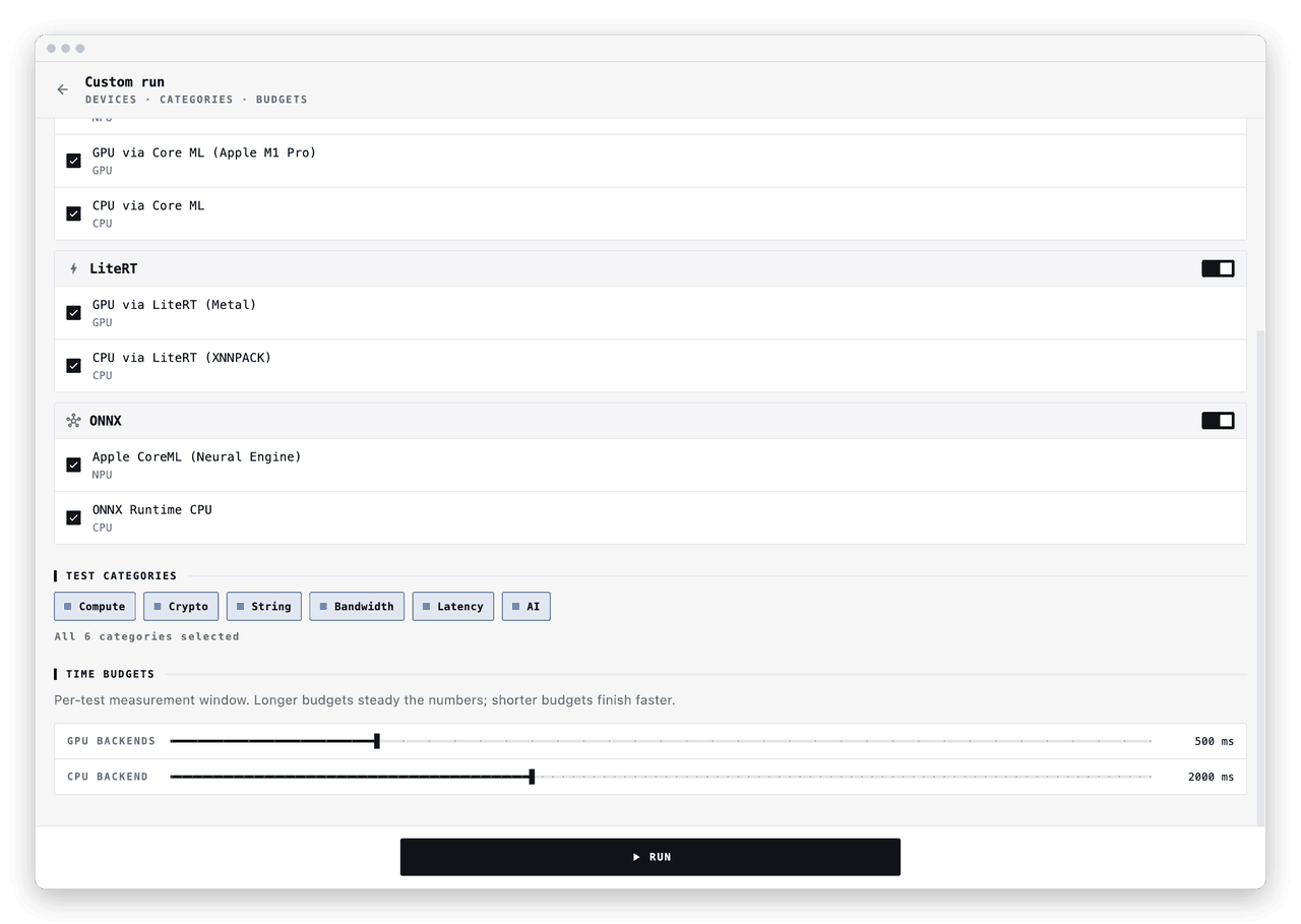 The Custom run screen: per-device checkboxes, test-category chips and time-budget sliders for GPU and CPU backends.
