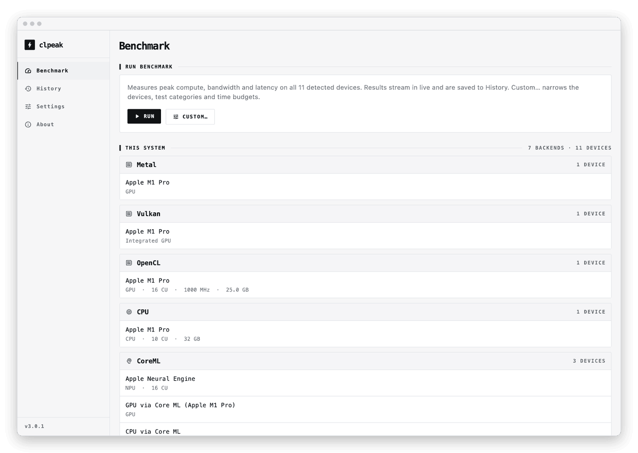 The Benchmark screen: a Run button and the devices found on this machine, grouped by backend.